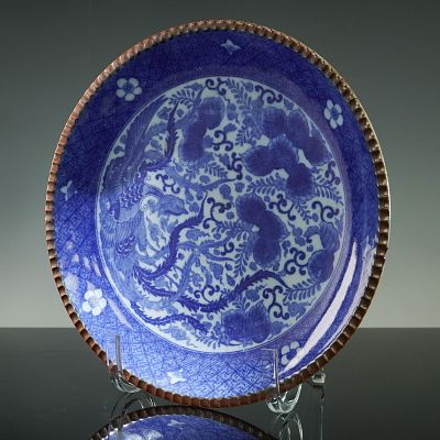 Antique Chinese Blue and White Porcelain Charger. Featuring a transfer-printed phoenix motif in