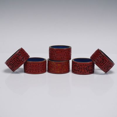 6pc Chinese Cinnabar Lacquer Napkin Rings, Floral & Geometric Motifs. This set of six Chinese
