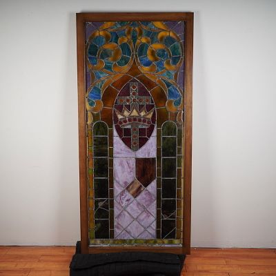 Antique Stained Glass Window Panel with Crown and Cross Motif. Gorgeous antique stained glass