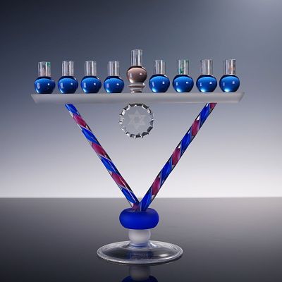 Judaica Santi Murano Glass Menorah. Vibrant Murano glass menorah by Santi, showcasing a bold