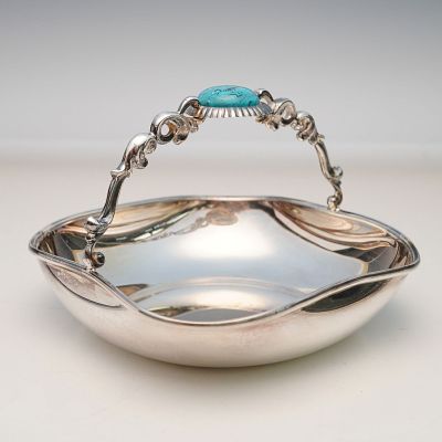 Camusso Sterling Silver Basket with Turquoise. Peruvian sterling silver handled basket crafted