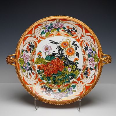 Limoges Hand-Painted Porcelain Centerpiece, Floral and Gilt Bronze Mounts. A finely hand-painted