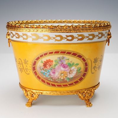 Limoges Porcelain Jardiniere, Hand-Painted Floral Medallion, Ormolu Mounted. Exquisite French