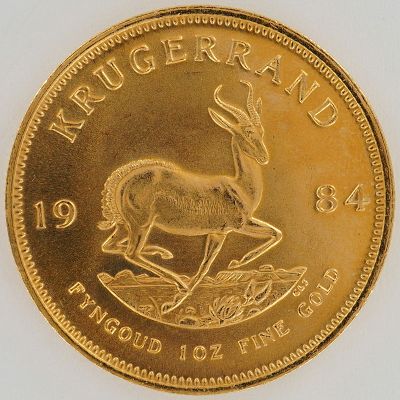 1984 South African 1 oz Gold Krugerrand Coin. This 1984 South African gold coin contains one