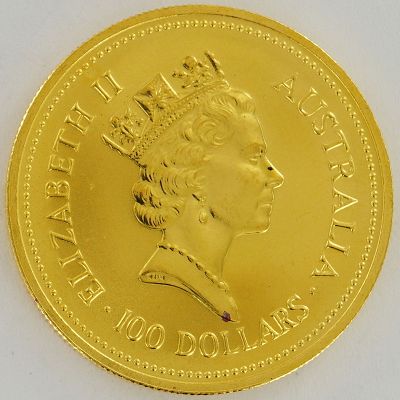 1987 Australian Nugget Elizabeth II 100 Dollars 1 oz Gold Coin. 1987 Australian Nugget gold coin