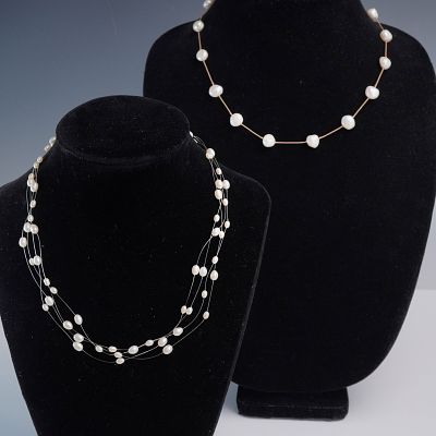 2pc Freshwater Pearl Necklace Lot with 14K and 925 Clasps. This 2-piece lot includes two elegant