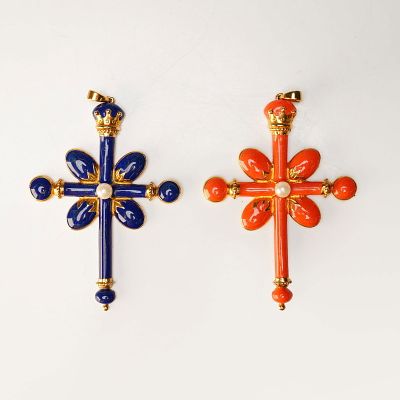 2pc Hutton Wilkinson Enamel Cross Pendants. Pair of ornate cross-form pendants designed by
