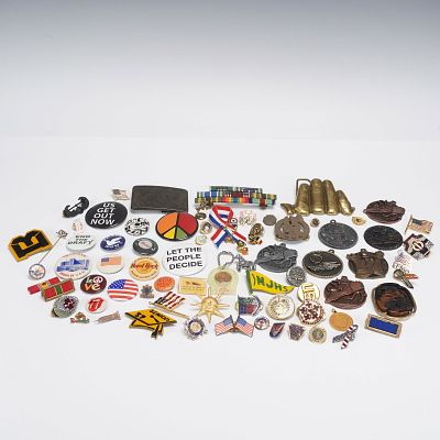65pc Mixed Lot of Pins, Buttons & Buckles, Patriotic & Novelty. A robust and varied assortment