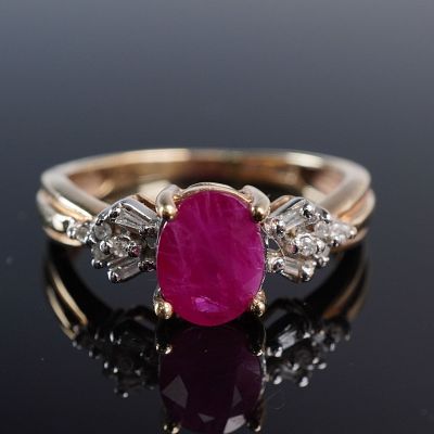 10K Gold Ruby Ring with Baguette and Round Diamond Accents, Marked FTH. This elegant ring is