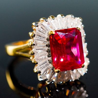 Woman's 24K Gold Plated Lab Grown Ruby and CZ Ring. This elegant ladies ring features a vibrant
