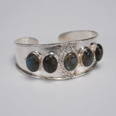 Labradorite and Sterling Silver Cuff Bracelet. Substantial sterling silver cuff bracelet