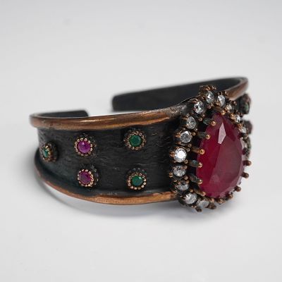 Vintage Style Cuff Bracelet with Faux Ruby and Crystal Accents. A dramatic vintage-style open