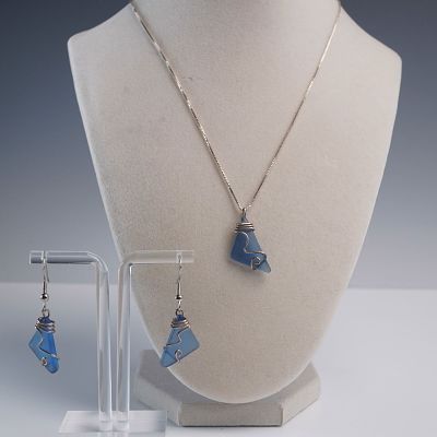 3pc Blue Sea Glass Jewelry Set with Sterling Chain. This 3-piece artisan-style jewelry set