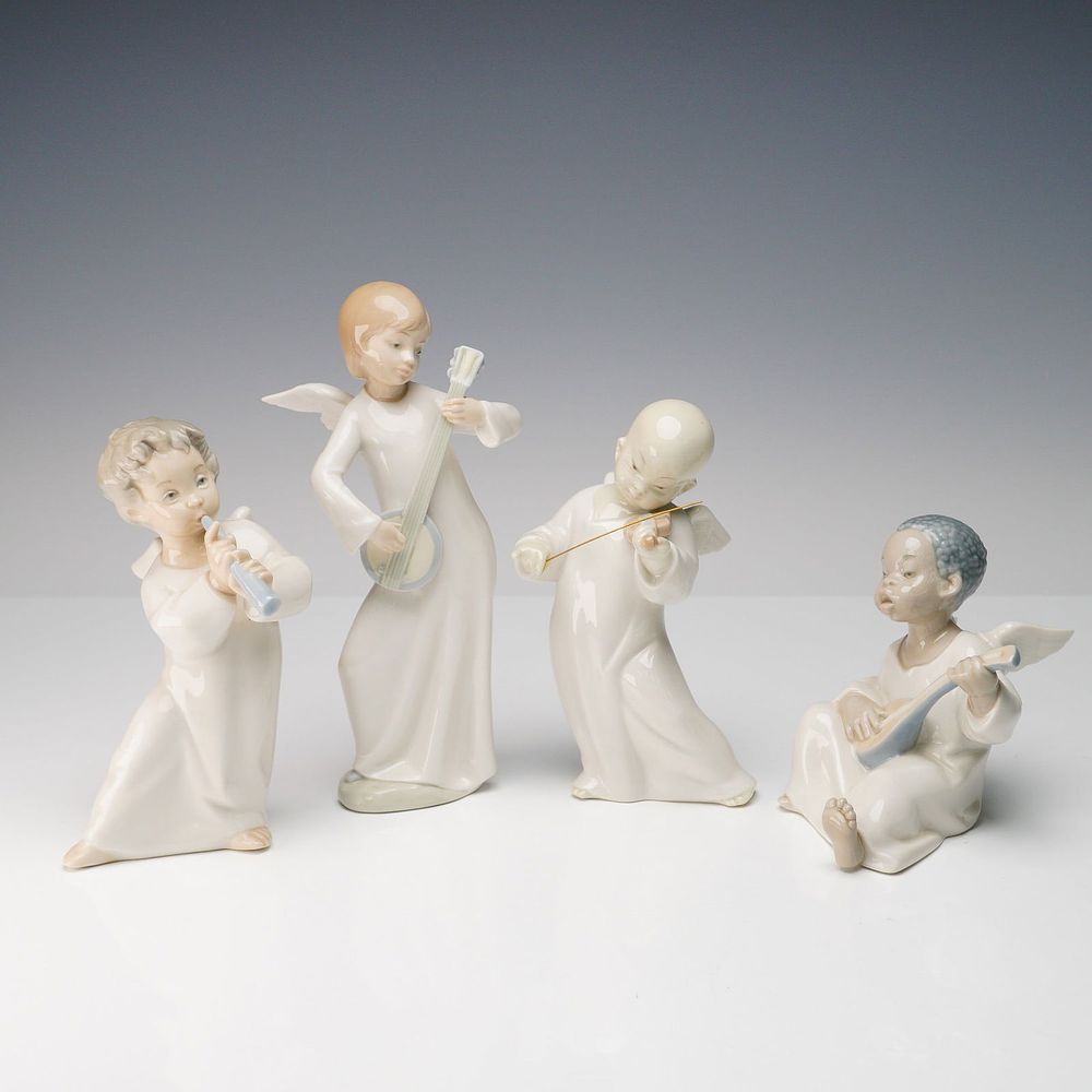 4pc Lladro and Nao Porcelain Angel Musician Figurines. Wonderful collection of four porcelain 