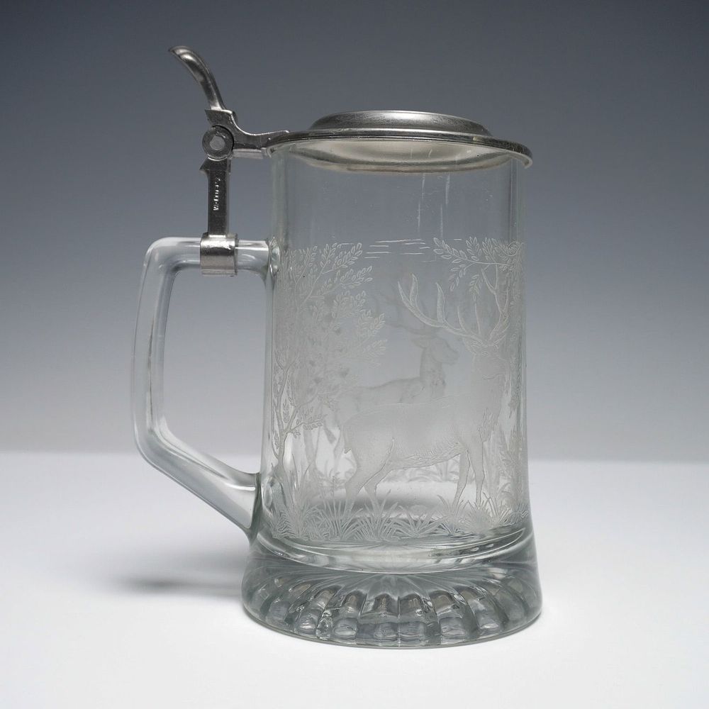 Alwe Glass Beer Stein, Deer Motif with Pewter Lid. Vintage German glass beer stein by ALWE 