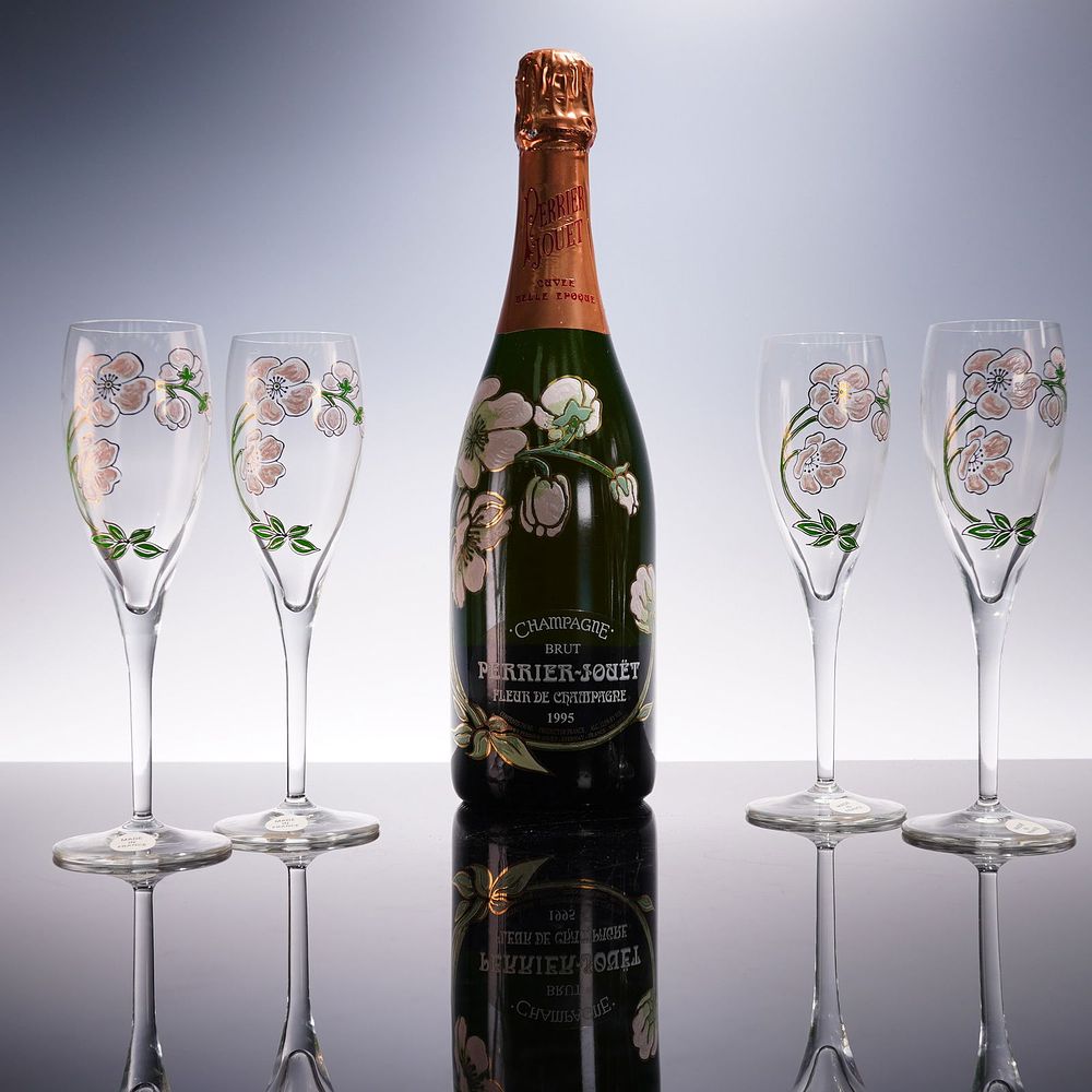 Perrier- Jouet Champagne 1995 Fleur De Champagne with Flutes in Box. Elegant Perrier Jouet 