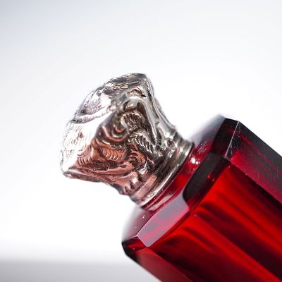 European Silverplate and Metal Mounted Ruby Glass Scent Bottle. Antique European scent bottle