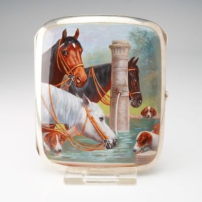German Sterling Silver Equestrian Theme Cigarette Case Box. German sterling silver cigarette