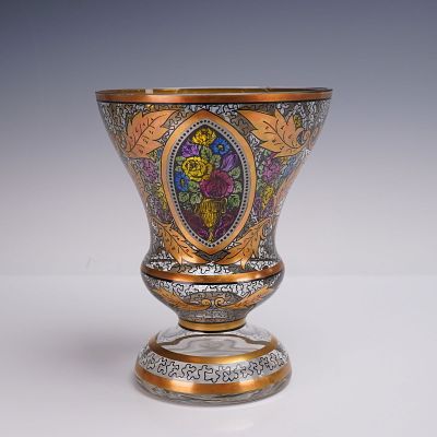 Bohemian Art Deco Haida Hermann Pautsch Enamel Vase. Bohemian clear glass vase with footed base