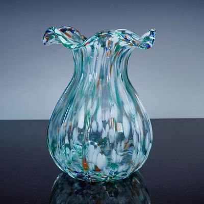 Hand Blown Art Glass Confetti Speckled Vase. Vibrant Murano style hand blown art glass vase