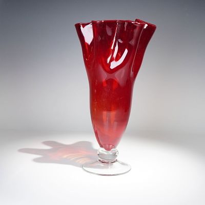Handblown Ruby Red Art Glass Vase with Clear Foot. Vibrant handblown art glass vase in deep ruby