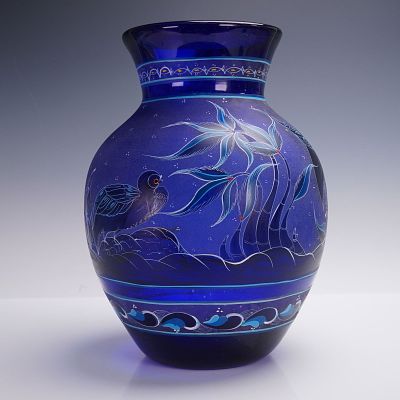 Signed Cobalt Blue Art Glass Vase with Hand-Painted Bird & Floral Motif. Offered here is a