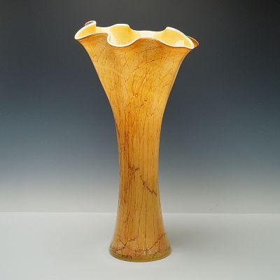 Tall Freeform Art Glass Floor Vase with Amber Crackle Veining. Striking 24-inch art glass floor