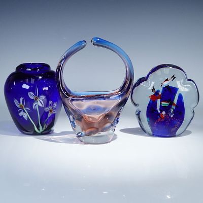 3pc Art Glass Vase, Basket, and Murano Style Paperweight. Three studio art glass pieces