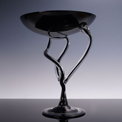 Contemporary Hand-Blown Black Art Glass Pedestal Bowl. This striking contemporary art glass