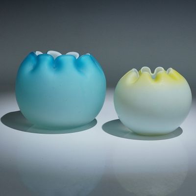 2pc Satin Glass Rose Bowls, Blue and Yellow. A charming pair of satin glass rose bowls featuring