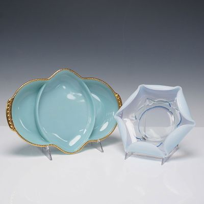 2pc Mid-Century Modern Glass Dishes, Fire-King and Art Glass. Pair of mid-century glass serving