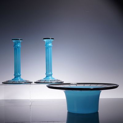 3pc Blue Art Glass Console Set with Black Grid Accents. A sleek 3-piece art glass console set in