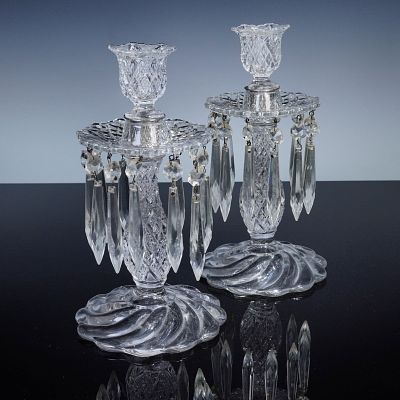 2pc Duncan & Miller Sandwich Clear Glass Candlestick Lustres. Pair of vintage glass candlestick