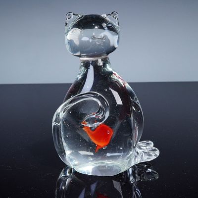 Murano Glass Cat Sculpture, Clear with Encased Red Fish. Handcrafted Murano glass cat sculpture