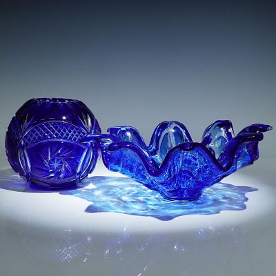 2pc Group of Cobalt Blue Glass, Murano and Bohemian. A two-piece collection of vibrant cobalt