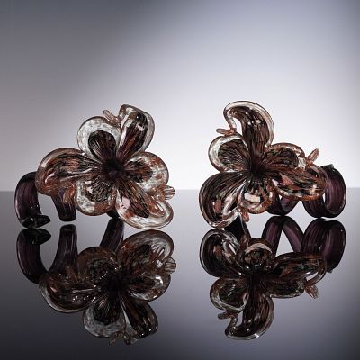 2pc Art Glass Flower Sculptures with Twisted Stems. A striking pair of hand-blown art glass