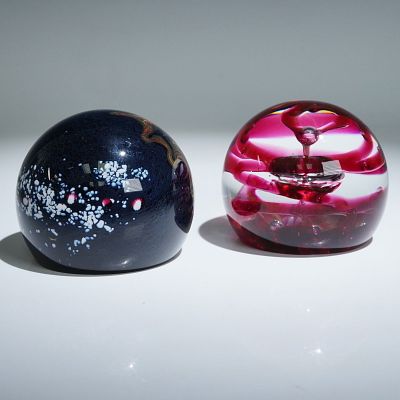 2pc Selkirk Glass Paperweights, Red Mirage (Ltd Ed) and Wizards Eye. A fine pair of Selkirk
