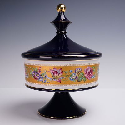 Italian Cobalt Blue Floral Banded Lidded Pedestal Dish. An Italian cobalt blue lidded pedestal