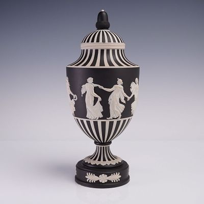 Wedgwood Black Jasperware Dip Covered Vase, Dancing Hours. Wedgwood black jasperware covered