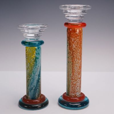 2pc Kjell Engman for Kosta Boda Glass Candlesticks CanCan Series. This set features two vibrant 