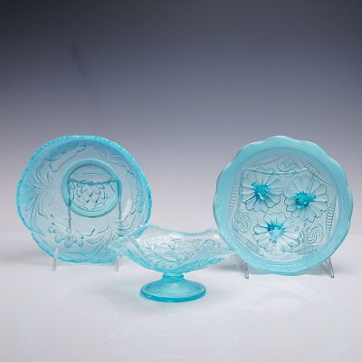 3pc Dugan, Northwood & Fenton Opalescent Pressed Glass Bowls. A trio of pressed glass tableware 