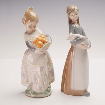 2pc Lladro Porcelain Figurines, Girl from Valencia and Girl with Pig. Two hand-crafted Lladro 