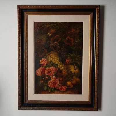 Original Oil on Canvas Painting, Roses, Fruits & Butterflies, Signed. A captivating still life 