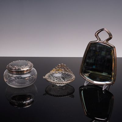4pc Sterling Mirror, Metal & Glass Ashtray, Etched Glass Jar. This elegant 4-piece set includes 