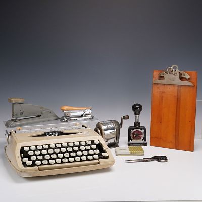 8pc Vintage Office Set with Sears Scout Typewriter. A nostalgic ensemble of vintage office 