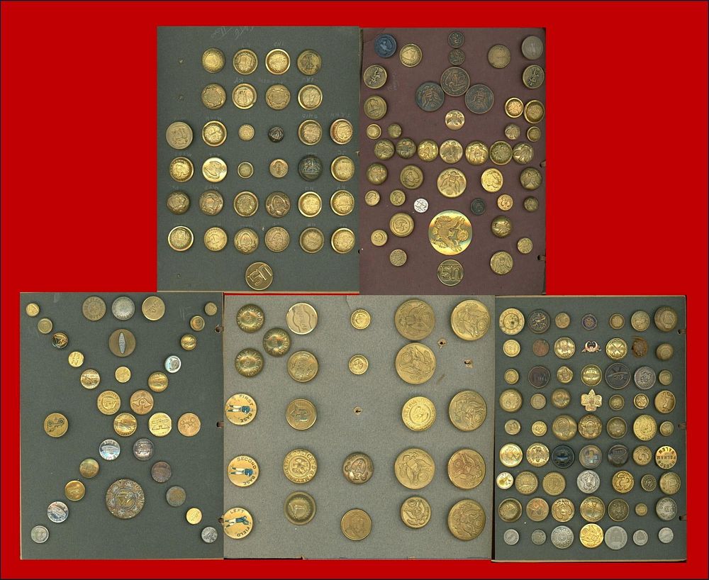 A book of 5 cards of assorted uniform buttons. 192 S/M/L assorted uniform, military and State 