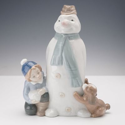 Nao by Lladro Porcelain Figurine Snowman with Child and Dog 1438. This Nao by Lladro porcelain 