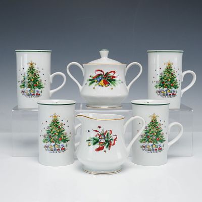 6pc Salem Porcelain China Christmas Eve Creamer, Sugar, and Mug Set. A festive six-piece Salem 