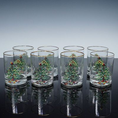 8pc Spode Old Fashioned Christmas Tree Glasses. This festive set of 8 Spode old fashioned 
