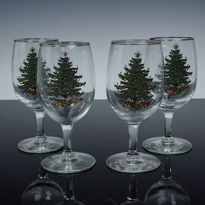 4pc Cuthbertson Wine Glasses, Christmas Tree. Set of four clear stemmed wine glasses each 